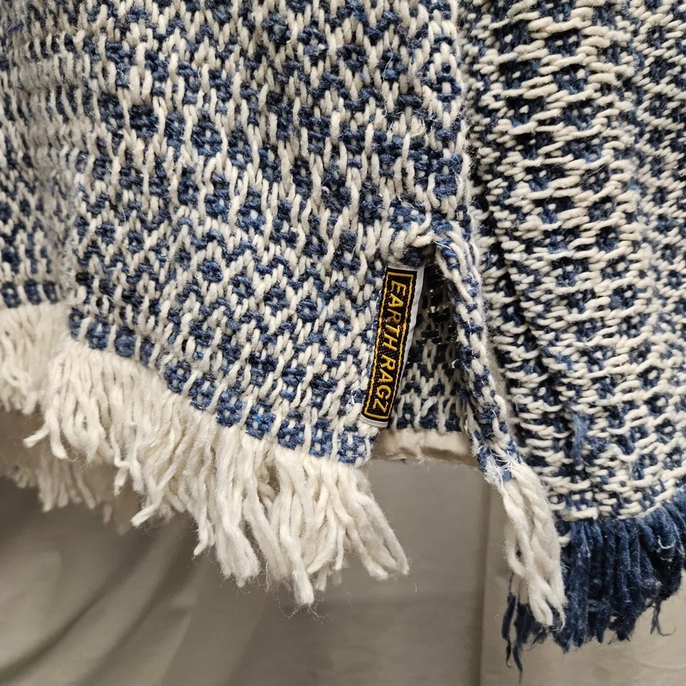Earth Rags knit sweatshirt hoodie pullover blue white frayed baha boho "drug rug - Picture 2 of 5
